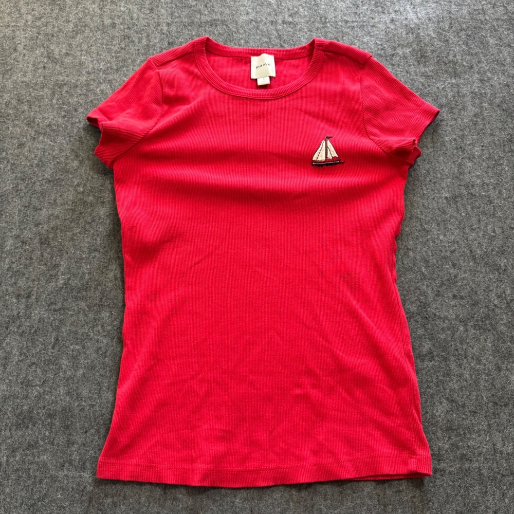 Maeve Anthropologie Red Ribbed Sailboat Embroidered T-Shirt OB2228983 Size S